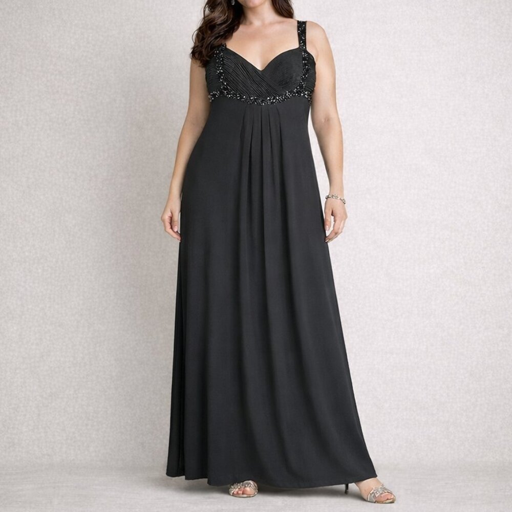 JS Boutique Dress Gown Black Beaded Empire Waist Straps Maxi Party Formal 14